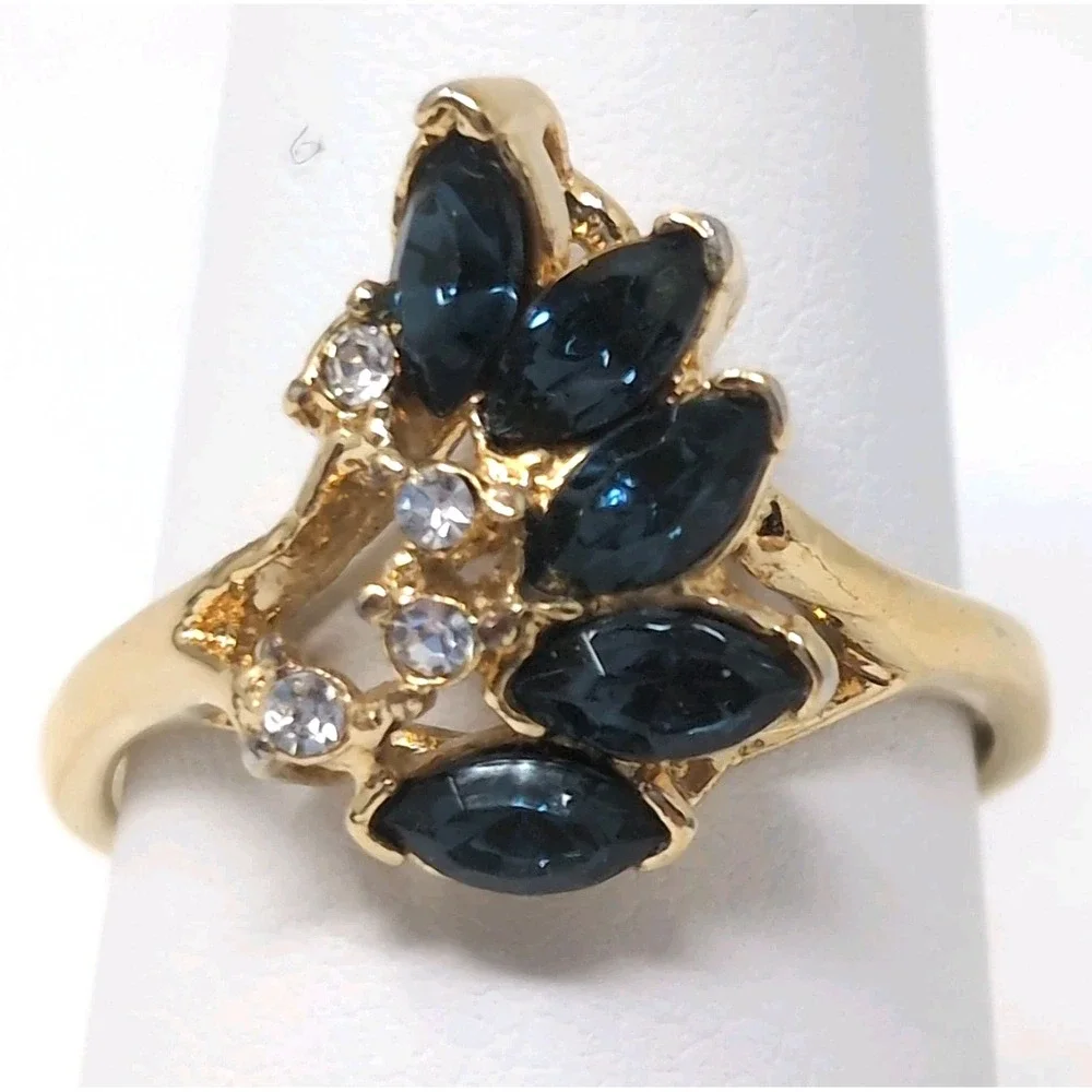 14K Gold Electroplate Dark Blue Marquise Sapphire Color Cluster Ring Sz 8.5-8.75
